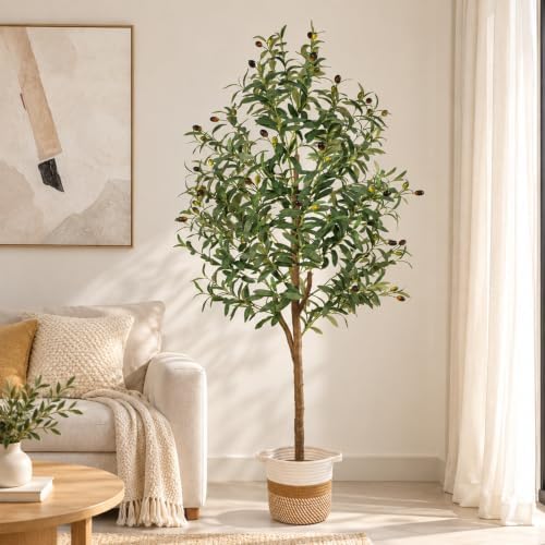 6FT Artificial Olive Tree Indoor Tall Faux with Planter & Basket Large Fake Olive Silk Trees Realistic Olive Plants with Branches and Fruits for Office Decor Home Living Room - Image 3