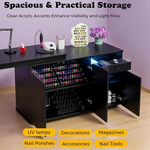 L-Shaped Manicure Table with Dust Collector & LED Light (Black) - Image 6