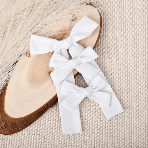 DEEKA White Cotton Linen Hair Bows 2 Sizes 5"&3.5" Soft Hair Bow set for Toddler Girls Long Ponytail Knot Bows Alligator Clip Hair Accessories for Little School Girls (White) - Image 7