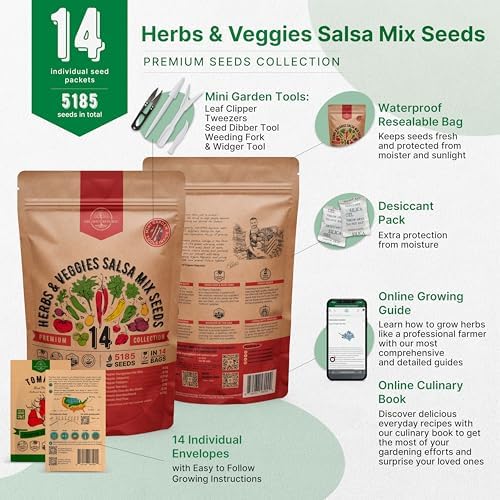 14 Herb, Tomato & Chili Pepper Gardening Seeds Salsa Variety Pack for Outdoors & Indoor Garden 5180+ Non-GMO Heirloom Seeds Cilantro, Basil, Oregano, Parsley, Onion, Pepper Tomato Seed - Image 2