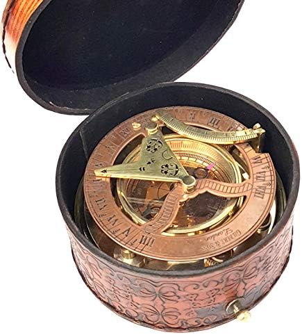 Brass Nautical - Antique Brass & Copper Sundial Compass, Sundial Clock in Box Gift Sun Clock Ship Replica Watch - Image 3