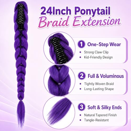 Getgal 24 Inch Purple Braiding Hair with Sturdy Claw Clip, Segmented Pre-Braided Synthetic Purple Hair Extensions for Girls, Halloween Party Cosplay & Daily Play for Kids(Pack of 1) - Image 4