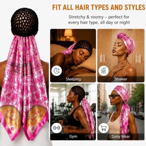 2 in 1 Wrap Cap Hair Net and Scarf for Silk Press, Satin Wrap Cap Bonnet for Women, Adjustable Stay-On Sleep Hair Net Scarf for All Hair Types (Rose pink, One Size) - Image 5