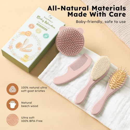 Yoofoss 4 Piece Baby Hair Brush and Comb Set，Wooden Baby Hair Brush with Natural Ultra Soft Goat Hair, Baby Comb Set for Boy, Girl - Pink - Image 4