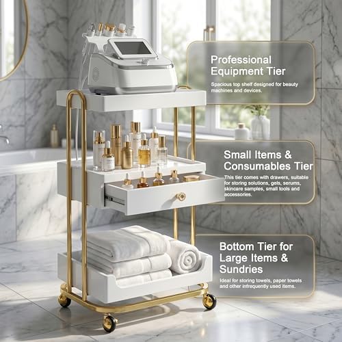 Elitzia Salon Spa Trolley Cart for Esthetician Metal Frame Carts with Rolling Wheels for Beauty Salon Esthetician Equipment Cart 3-Tier with Drawers Storage Beauty Esthetician Trolley ETDCART1 (White) - Image 3