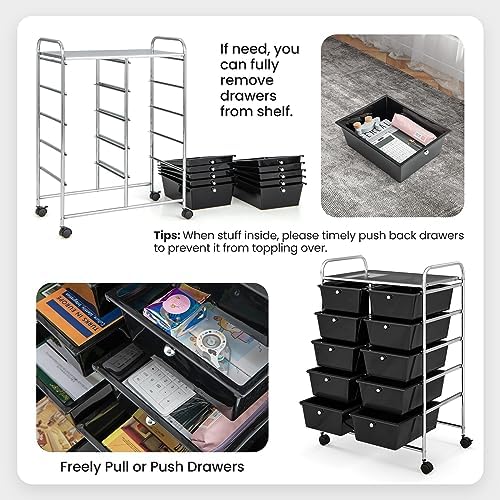 Giantex 10 Drawers Rolling Cart, Classroom Organizers, Storage Cart with Wheels, for Teacher Office Home School Supplies Tool Craft Art Paper, Black - Image 5
