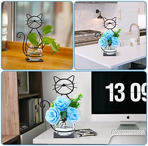 Desktop Cat Planter Propagation Station, Glass Vase Metal Stand - Image 3