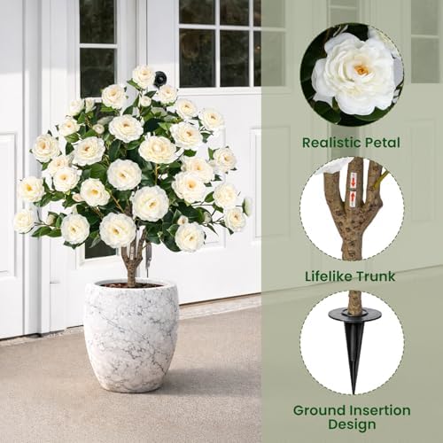 2 Pack 3FT Artificial Camellia Tree with Ground Spike, Full Bloom Fake Camellia Plant Outdoor, Dense Flower Artificial Trees for Front Porch Decor, Patio Garden Yard Decorations, White - Image 4