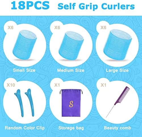 Self grip hair roller set,Hair roller set 18 pcs,Hair rollers with hair roller clips and comb,Salon hairdressing curlers,DIY Hair Styles, Sungenol 3 Sizes blue Hair Rollers in 1 set - Image 5