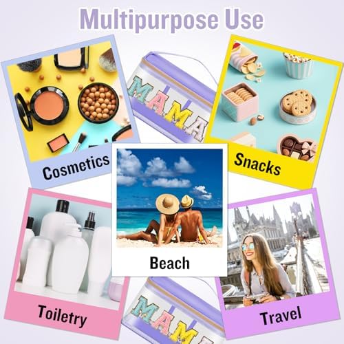 Chenille Letter Clear Makeup Bags Mama Pouch, Preppy Patch Makeup Bag Zipper with Handle, Transparent PVC & Nylon Waterproof Glitter Cosmetic Handbag Travel Toiletry Storage for Women(MAMA-Purple) - Image 5