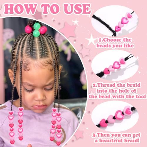 NAISKA 116PCS Pink Beads for Hair 10 Styles Box Braids Beads Hot Pink Pony Bead Lovely Heart Loc Jewelry Cute Braids Accessories for Kids Girls - Image 5