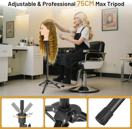 Mannequin Head Human Hair, 90% Human Hair with Tripod Stand, 23" Makeup Mannequin Cosmetology Manikin Practice Doll Head with Stand, Face Gems, Braiding Hairdressing Head for Hair Styling with Table Clamp + DIY Hair Styling Set - Image 6