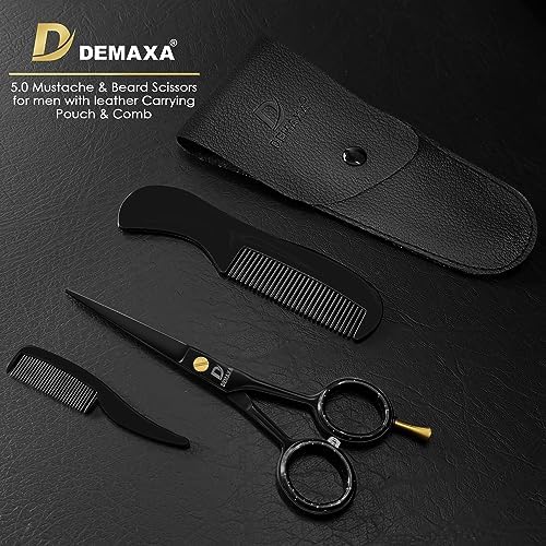 DEMAXA 5" Professional Mustache Scissors Beard Scissors for Men with Fine tip Tweezers 1 Mustache Comb 1 Beard Comb & Pouch – Beard Trimming kit & Mustache Kit (Black Shears With Tweezer) - Image 2