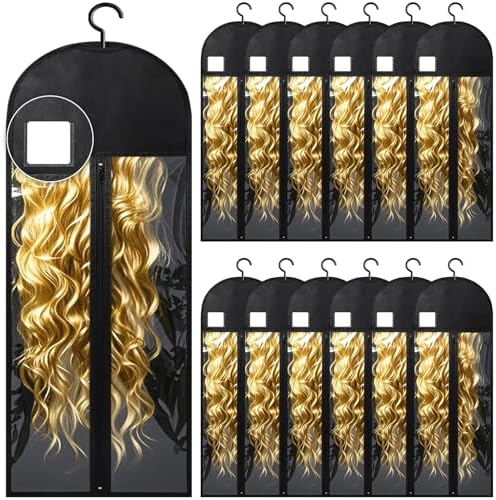 12Pcs Extra Long Wig Storage Bags with Hanger Hair Extension Wig Storage Hanger Bags for Multiple Wigs with Tags Organizer Dust-Proof Home Travel Closet Wigs & Accessories (Black 31.5in) by YUJIASH