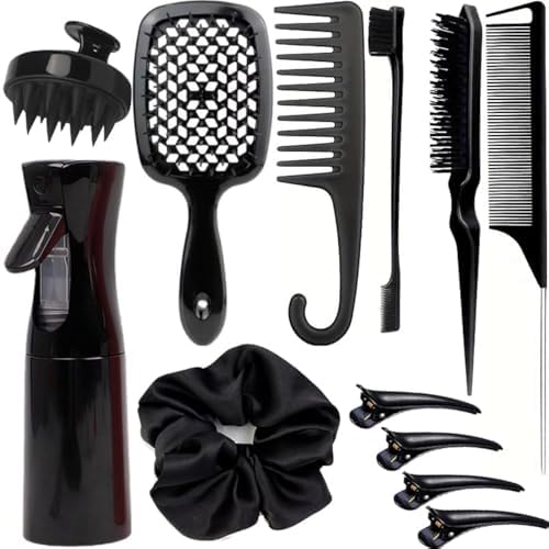 12 Pcs Hair Styling Brush Set with Detangler, Teasing, Rat Tail, Edge Brushes and Baby Hair Brushes - Soft Bristles for Baby Girls and Women (Black) by SUPHOUSE