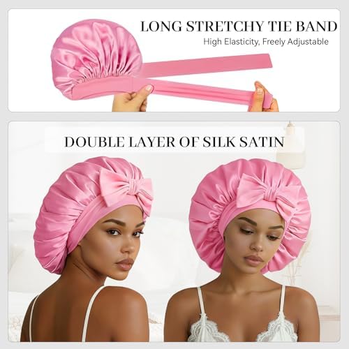 Silk Bonnet for Sleeping Satin Hair Bonnet Double Layer Adjustable Sleep Cap with Elastic Tie Band - Image 5