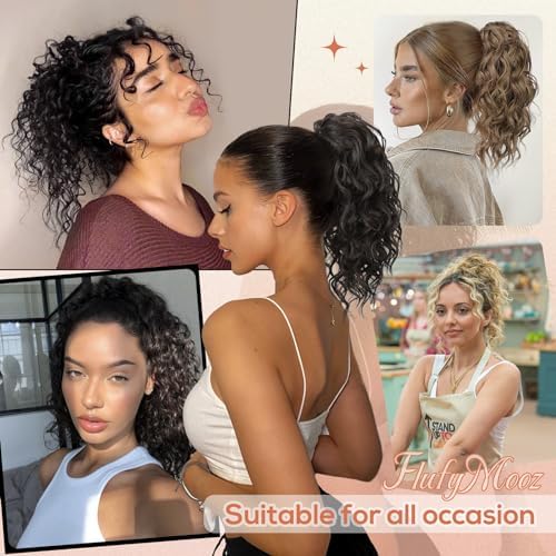 Flufymooz Ponytail Extension, 12" Short Claw Ponytail Extension Wavy Curly Jaw Clip in Pony tails Hair Extension Natural Synthetic Hairpiece for Women (Black Brown) - Image 6