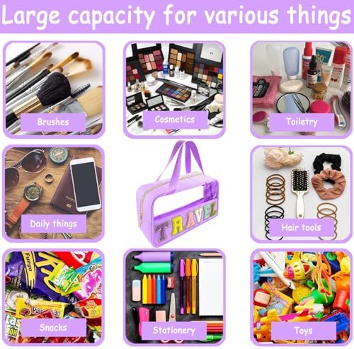 Bunliuys Chenille Letter Clear Makeup Bag Travel Patch, Travel Toiletry Makeup Bag with Handle, Nylon Waterproof Makeup Bags clear cosmetic bag, preppy patch makeup bag for Women (TRAVEL-Violet) - Image 5