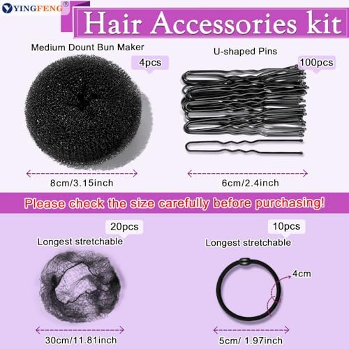 YINGFENG 134 Pcs Black Hair Bun Maker Kit Medium - 4 Bun Hair Pieces for Women, 20 Hair Net for Buns, 100 Bobby Pins for Women, 10 Hair Bands, for Ballet Styling, Hair Accessories for Girls - Image 3