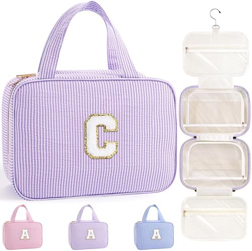 TOPEAST Hanging Toiletry Bag for Women - Travel Toiletry Bag Makeup Bag, Portable Toiletries Travel Bag and Cosmetic Bag, Airplane Travel Essentials - Letter C, Purple by TOPEAST