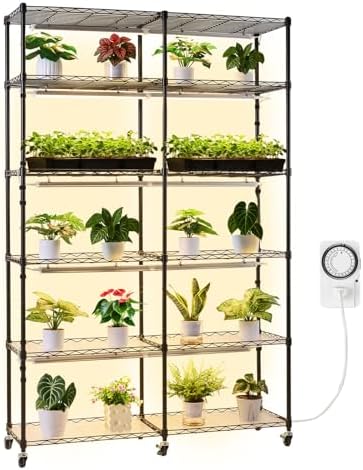 VEVOR Plant Shelf with Grow Light, 6-Tier Double-Row Plant Stand, 71in Tall Indoor Plants Display Rack with Wheels & Timer, 200W Full Spectrum Grow Lights, Metal Flower Pot Holder for Seed Starting by VEVOR