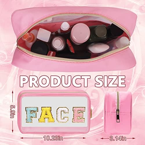 Iqimott Clear Patch Makeup Bag Face Pouch, Preppy Personalized Chenille Letter Cosmetic Pouch for Travel, Nylon Waterproof Organizer Travel Essentials Zipper Toiletry Bags for Women Girls(Pink) - Image 2
