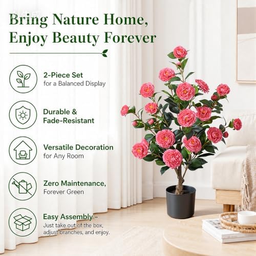HyeFlora 3ft Artificial Camellia Tree 2 Pack, 34 Inches Faux Camellia Plant in Pot,Fake Potted Camellia Flower Trees UV Resistant for Modern Home Office Living Room Floor Indoor Outdoor Patio Decor - Image 3
