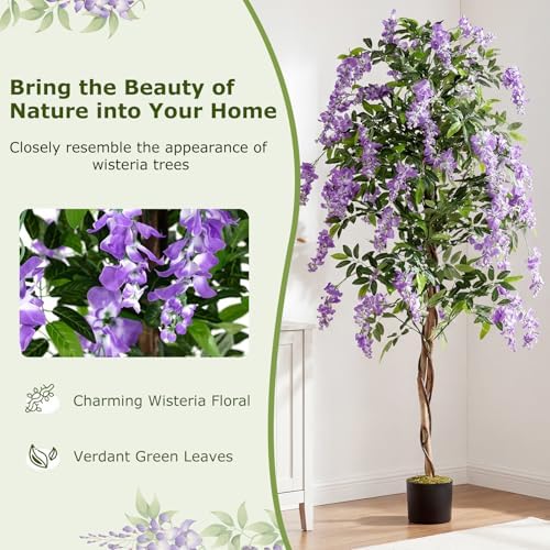 Goplus 6FT Ficus Artificial Tree, 2 Pack Faux Wisteria Tree in Nursery Pot with Purple Lifelike Flowers, Fake Potted Tree Greenery Floor Plant for Indoor Home Office Porch Living Room Decor - Image 3