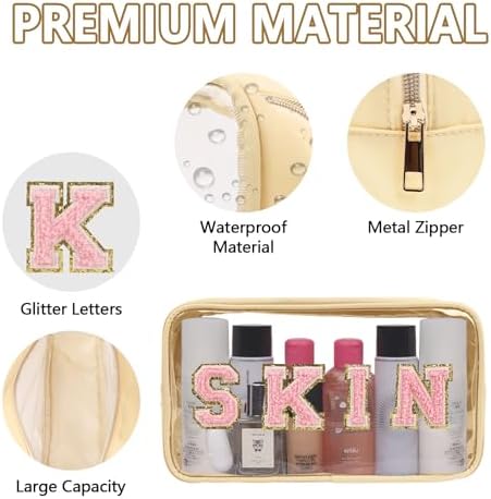 Iqimott Clear Patch Makeup Bag Skin Pouch, Preppy Personalized Chenille Letter Cosmetic Pouch for Travel, Nylon Waterproof Organizer Skin Care Zipper Toiletry Bags for Women Girls(Beige) - Image 3