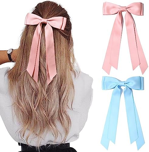 2PCS Silky Satin Hair Bows Hair Clip Pink Blue Hair Ribbon Ponytail Holder Accessories Slides Metal Clips Hair Bow for Women Girls Toddlers Teens Kids by AILEAM