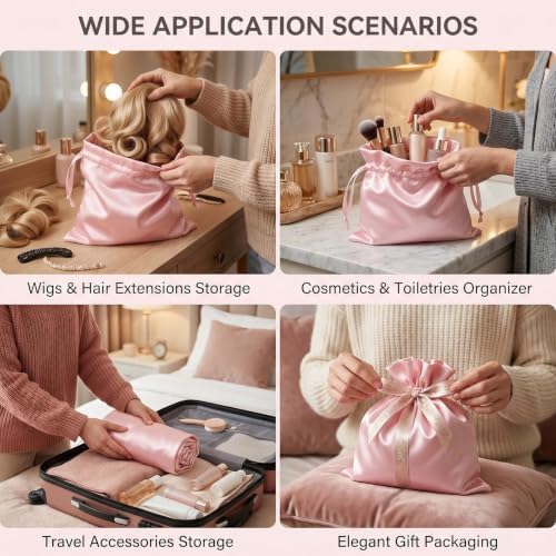 UPSTORE 5Pcs Satin Wig Storage Bags, Drawstring Silk Pouches for Hair - Image 7