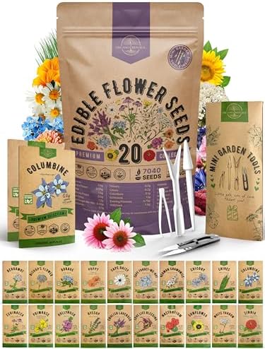 Organo Republic 20 Edible Flower Seeds Variety Pack- Indoor/Outdoor. 7000+ Non-GMO Heirloom: Borage, Bergamot, Nasturtium, Chives, Cape Daisy, Hyssop, Zinnia Seeds & More by OrganoRepublic