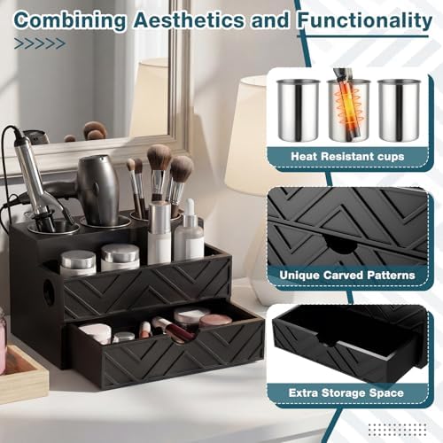 Hair Tool Organizer Countertop with Drawer Blow Dryer Holder, Black - Image 3