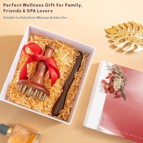 SIMPOR 2 in 1 Brass Copper Meridian Massage Tool Set, 29 Teeth Meridian Massage Brush & Wide Tooth Scalp Massage Comb, Sandalwood Handheld Massager for Head Neck Shoulder Abdomen Home SPA Self Care - Image 7