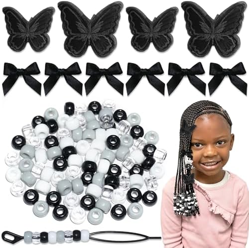 Black Hair Beads for Braids 100PCS Satin Hair Bows Embroidery Butterfly Hair Clips Gradient Large Beads Dreadlock Acrylic Pony Beads Hair Accessories for Women by Arocooy