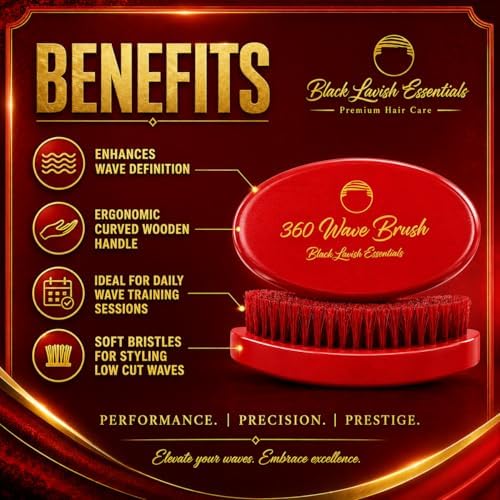 360 Wave Brush, Build Deeper Waves, Soft & Hard Boar Bristle Curved Brushes BLACK LAVISH ESSENTIALS (Medium-Hard Brush, Red) - Image 4