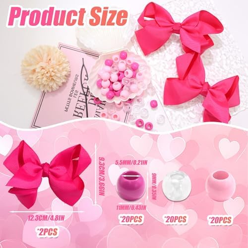 NAISKA 62PCS Valentine's Day Hair Beads 4.7in Hair Bow Clips Large Hole Girls Braids Beads Valentines Hair Jewelry Lovely Rose Red Pink Hair Accessories Kit for Kids Girls - Image 4
