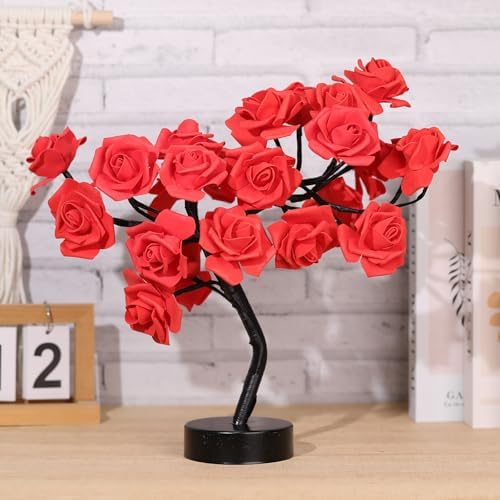 Drawelry Rose Flower Tree Lamp - LED Rose Tree Table Lamp USB/Battery Powered Artificial Bonsai Flower Night Light for Bedroom Living Room Party Wedding Valentines Mothers Day Decor (Red) - Image 2