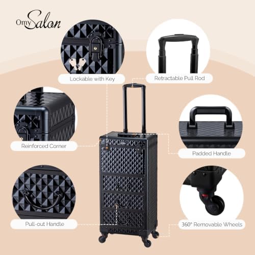 OmySalon Rolling Makeup Train Case with 3 Drawers, Cosmetology Case on Wheels w/Pull Handle and Removable Wheels, Large Cosmetic Organizer Storage Box for Nail Tech, Makeup Artist, Hairstylist(Black) - Image 4