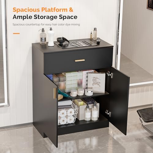 Salon Staion Hair Color Bar Organizers, Hair Color Rack, Barber Station Cabinet with Drawers & Adjustable Shelves, Wall Mounted Tube Storage Station for Salon Display, Black - Image 6