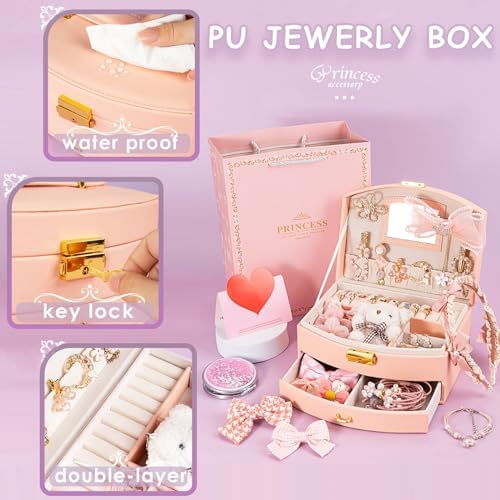 Princess Jewelry Box for Girls with Hair Accessories,Girls Hair Clips Bows Set, Fashion Hair Styling Kit with Mirror,Pink Sparkle Trinket Box Includes Hair Clips - Image 4
