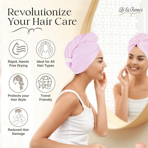Lili&James 100% Cotton Hair Towel Wrap for Women & Kids – 420 GSM Quick Dry Hair Turban with Double Button Loop, Anti Frizz Non Microfiber Hair Drying Towel for Curly, Long & Thick Hair (Lilac) - Image 6
