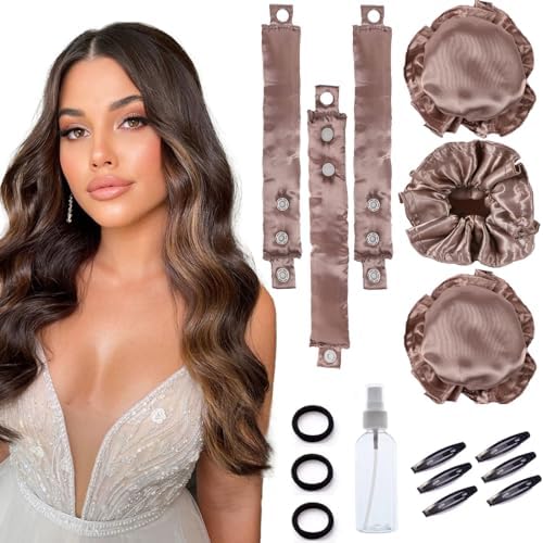 3 Sets Satin Heatless Curling Set Overnight Curls Blowout Rods Soft Hair Curlers to Sleep in Bun Bons Heatless Curls with Bonnet Cap No Heat Headband Silk Roller Wrapper Brown by CLIONE