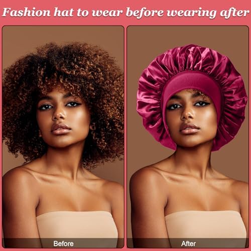 4PCS Silk Bonnet for Sleeping,Hair Wrap Satin Bonnets Shower Cap for Black Women Men, Elastic Wide Band Hair Bonnet Cap for Sleeping Curly Hair(Black & Wine Red & Purple & Brown) - Image 4
