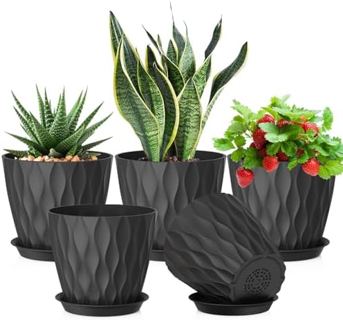 Meowell 7 inch Plant Pots for Indoor Outdoor Plants, 5 Pack Thick Flower Pots with Drainage Holes and Saucers, 3D Modern Wave Texture Plastic Planter Pots for House Plants, Black by Meowell