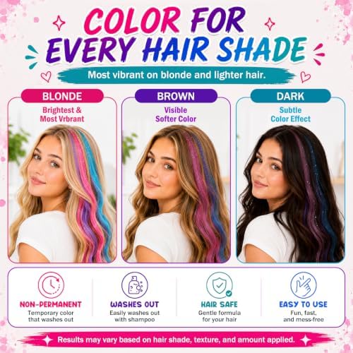Jim&Gloria Dustless Hair Chalk for Girls Washable with Clip in Hair Extensions, Brushes and Glitters, Temporary Color Dye, Gifts for Teen Girl Trendy Stuff, Teenage 7 8 9 10 11 12 13 14 Year Old - Image 6