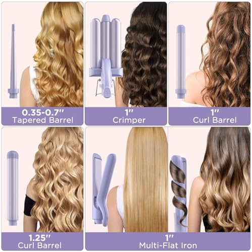 5 in 1 Wand Curling Iron-Kinked Curling Wand Set with Flat Iron Hair Straightener, 3 Barrels Hair Crimper, 3 Ceramic Curling Irons (0.35"-1.25"), 2 Temps Fast Heat Hair Waver Curler, Purple - Image 3