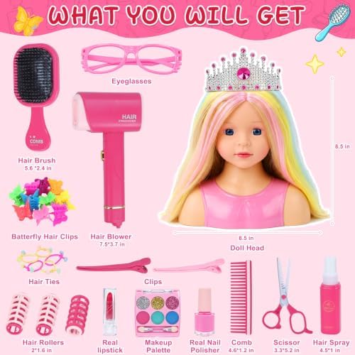 Doll Head for Hair Styling Makeup, Pretend Play Beauty Salon Toys for Girls - Image 7