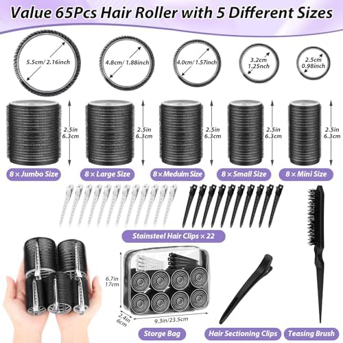 Qinzave 65 PCS Hair Curler Rollers with 5 Sizes Self Grip Hair Rollers for Long Medium Short Thick Fine Thin Hair Bangs Volume, Jumbo Curlers Rollers with Storage Bag Teasing Brush - Image 3