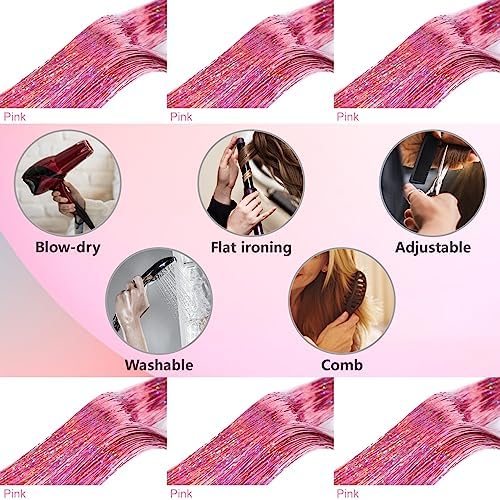 Pink Fairy Hair Tinsel Kit 48 Inches 1200 Strands with Tools and Instruction Easy to Install Glitter Tinsel Hair Extensions for Women and Girls，Shinny Sparkling Braiding Hair Accessories for Halloween Cosplay Party - Image 6